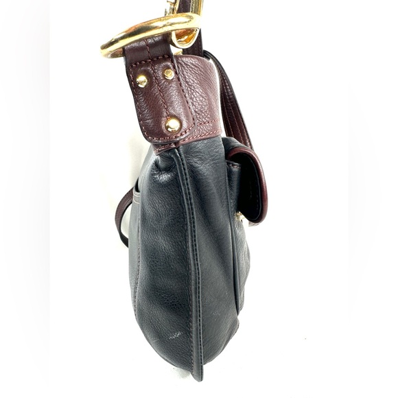 B Makowsky Black Leather Small Shoulder Crossbody Bag Brown Accents Push Lock - Picture 7 of 10